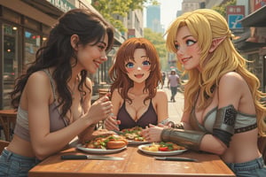 A diverse trio of teenagers gather around an outdoor table for a casual lunch. A real-world teenager Girl with striking black hair and urban attire sits alongside a cartoon-inspired girl with brown locks flowing down her back, clad in a sleeveless shirt and short pants. Meanwhile, a cheerful anime-style girl with luscious blond locks and radiant blue eyes shines like a JRPG character, donning magical armor and savoring the moment as friends.