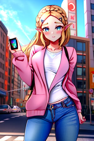 modern city, pink Jacket, jeans, iphone,princess zelda