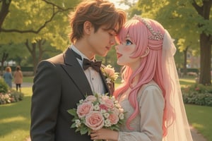 on a park,  a real-world 40-year-old boy with messy brown hair alongside an anime-inspired 40-year-old girl with vibrant pink locks and sparkling blue eyes. The two being dressed as weddings to get married together