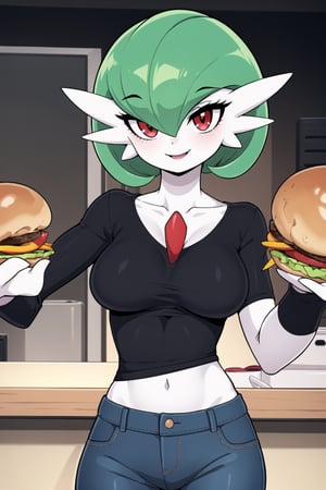 Gardevoir, White skin, red eyes, green hair, short hair, breasts, solo, shiny skin, eyelashes, black shirt, no_sleeves, jeans, shiny, collarbone, looking at viewer, smile, happy, fast food