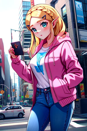 modern city, pink Jacket, jeans, iphone,princess zelda