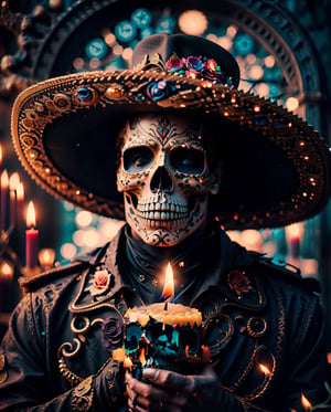 (Best quality, 8k, 32k, Masterpiece, UHD:1.2), a man, Catrín playing a guitar, skull makeup, sugar skulls, candlelight, dark tones, inside an old church, Catrín in a vintage charro suit and charro hat, the light of a candle shines beautifully on them, they look lovingly into each other's eyes, anatomically correct, (PnMakeEnh),fantasy00d