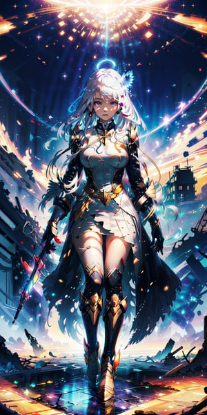 Portrait, Long hair, white colored hair, golden eyes, 1girl, cap, s face, magical girl, absurdress, Masterpiece, Best Quality, Magical girl costume, ((Mahou shojo)), Short hair, desolation, Ruins, dynamicpose, apocalypse, incantation, Style-Glass, Shot Full Body,High detailed, enterprise