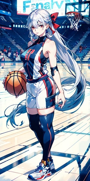 1 girl, alone, looking at viewer, facing viewer, basketball court background, long white hair, lips parted, slight smile, red eyes, basketball suit, blue ribbon in hair, hands behind back, tomoe gozen (fate)