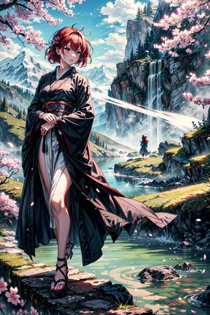 gorgeous female wearing long loose black kimono surround by scattered sakura leaf, detailed face, short_messy_hair, red hair, strong wind, mountains, atmospheric, fullbody, contrast, shadow, fantastic scenery, 