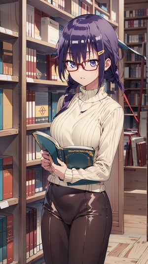 one beautiful girl,{masutepiece}, ((Best Quality)), hight resolution, {{Ultra-detailed}}, {extremely details CG}, {8k wall paper},kawaii,anime, Library Ladder, Climbing to reach a top-shelf book, Evening, Books of various sizes surrounding her, Vertical view of the tall bookshelf, Warm overhead lighting, Focus on her curiosity, Leather and paper Texture, Knowledge-seeking Mood, Wearing glasses and a sweater, Hair in a loose bun.,kominami asumi