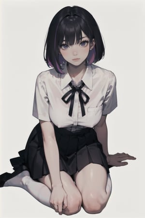 (best quality, masterpiece:1.1), (Intricate detailed:1.2),   full body,  looking at viewer, staring,   1girl, arrogant face, rainbow hair, asymmetrical bangs, hair between eyes,       school uniform, (School Dress Shirt With Button:1.1), Short Sleeves, Layered Short Skirt, Neck Tie Ribbon, White Socks, (white background:1.3),
