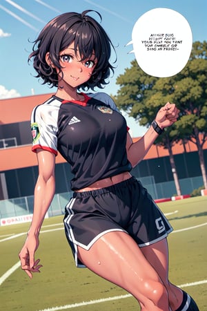 1 girl (black American with short curly hair), sexy girl, playing soccer, outside on soccer field, soccer uniform, sweaty, sports shorts, toned legs, happy, cute, anime style, good proportions, pretty eyes , blushing, text bubbles, seductive,