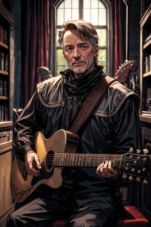 (masterpiece, best quality), musician. While playing a guitar, medieval clothing style, high resolution details, 60 year old man