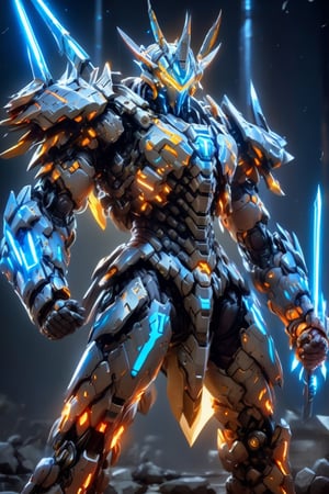 A power full warrior, wearin_armor with bioluminescence light strip on it, in victory mood,holding picker(picker having crack and crack fill with bioluminescence light) ,high_resolution, 8k,coocolor,muscular body,(full body),mecha,Origami 