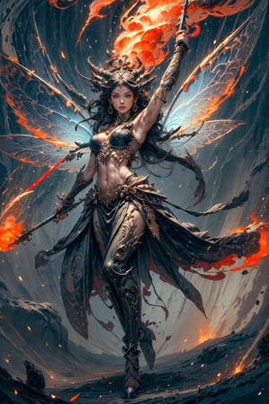 1girl, fairy of fire, lava, scales, fairy bio mechanical wings, anatomically correct a bio mechanical made of black steel and gold, High quality, detailed, masterpiece, swirling upward in a spiral of smoek and sparks,weapon, 