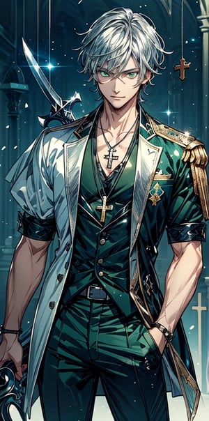 (best quality, masterpiece, illustration, designer, lighting), (extremely detailed 8k CG wallpaper unit), (detailed and expressive green eyes), detailed particles, beautiful lighting, a handsome boy, short black hair and messy (wears a black mercenary suit with rolled up sleeves, wearing a silver cross necklace, holding a silver sword while resting it on his shoulder) smile, slim and fit physique (Eugene from the novel Damn Reincarnation), (anime style Pixiv), (Wit studios), (manga style),