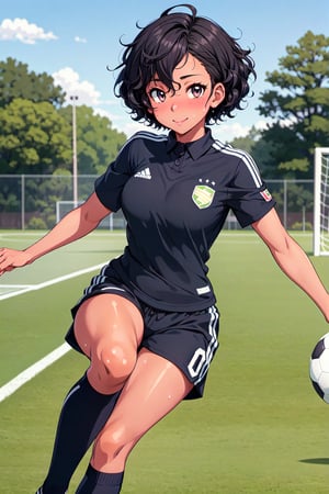 1 girl (black American with short curly hair), sexy girl, playing soccer, outside on soccer field, soccer uniform, sweaty, sports shorts, toned legs, happy, cute, anime style, good proportions, pretty eyes , blushing, text bubbles, seductive,