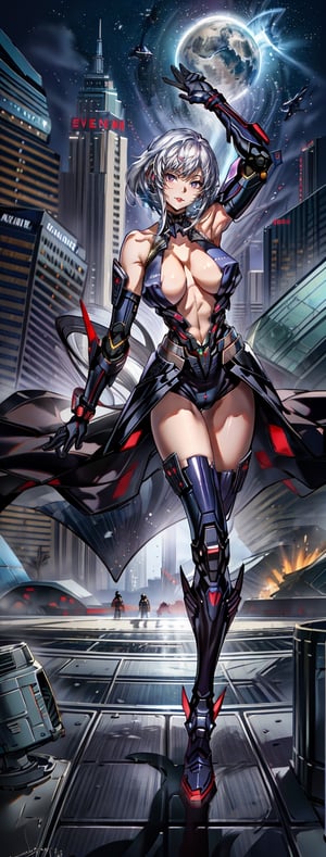 8k, masterpiece, best quality, realistic, sharp focus, cinematic lighting, extremely detailed, epic, dawn of space, girl, enterprise, tight suit, edgy, sexy, bright white hair, short hair, beautiful eyes, red eyes, shiny eyes, destruction of planet Earth as a background, eva01 robot, red lips, flirty smile, cleavage, bare shoulders, big breasts, model, captivating pose, one arm up,