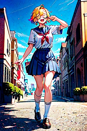 (masterpiece, top quality, best quality, beautiful and aesthetic:1.2), (1girl:1.3), original,, multicolored hair, short hair, bangs, blond eyes, young, school uniform, hoop earrings, medium breasts, (closed eyes:1.2), smile, sunglasses, straight-on, full body, toujinbou, day, paw pose, light smile
