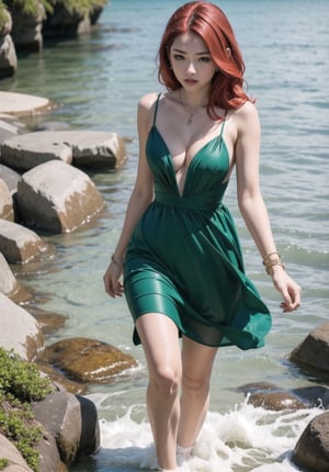 Full body woman with red hair going out of the water with emerald color dress and a lot of green jewels