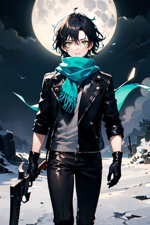(masterpiece), best quality, expressive eyes, perfect face, 1boy, short hair, black hair, wavy hair, male, scarf around mouth, green eyes, long jacket, leather jacket, holding a revolver, walking, hunter witches, black gloves, full moon, dark night,
