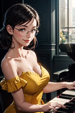 A elegant woman playing piano, black rom, volumetric light, focus on face, detailed hands, yellow dress, glasses, shy smile 