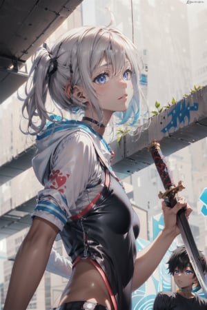 girl,  splash, graffiti,modern,Grt2c,white background,natsumi kurobe,dark skin,holding sword,YAMATO