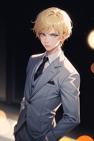 (detailed face: 1.2), Best quality, masterpiece, serious, ultra-high resolution, (photorealistic: 1.2), (best quality)), ((masterpiece)), A gorgeous man, blond hair, short hair, white skin, young man 25-years-old, blue eyes ((Dressed in a three piece suit)), serious face, looking at his right side, photorealistic, appropriately dressed, full image, hyper-realistic, camera glare, film grains, uncompressed UHD 8K format, cinematic lights, cinematic colors, bokeh camera blur, Realism, front view