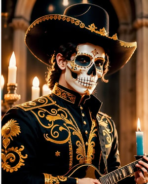 (Best quality, 8k, 32k, Masterpiece, UHD:1.2), a man, Catrín playing a guitar, skull makeup, sugar skulls, candlelight, dark tones, inside an old church, Catrín in a vintage charro suit and charro hat, the light of a candle shines beautifully on them, they look lovingly into each other's eyes, anatomically correct, (PnMakeEnh),fantasy00d,1 girl