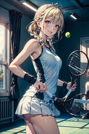 (masterpiece background:1.5),  (sense of deps),  (absurdres),  (4k),  (best quality),  (ultra detailed),  (highres),  (illustration:1.4),  ,  (detailed hair:1.3),  (detailed skin:1.3),  (indoor:1.5),  (:1.3), tennis court in background,  ,  BREAK,  (),  (, 14yo, cute:1.3, princess),  (blonde hair,  medium hair,  french_braid, beautiful detailed hair,  )(She wears star earrings),  (tiara on head),  (beautiful detailed eyes,  blue eyes),  (hanging breasts:0.3),  BREAK,  ( cowboy shot),  breasts focus, ,smile:1.3  ,  blush:1.2,  (blush and look down to the right),  BREAK,  (Hold one tennis racket in each hand and bend forward :1.4) , (tennis:1.3), autumn_leaves:1.3, (:1.3),gym,sports_uniform,playing_tennis, 