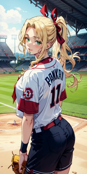 1 girl, alone, looking at viewer, baseball field background, long blonde hair, lips parted, slight smile, green eyes, baseball jersey, red ribbon in hair, hands behind back, posing