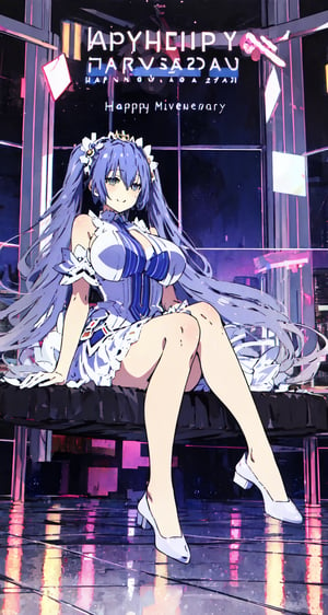 masterpiece, best quality, izayoi miku, (happy:1.5), reclining, tonight, anime, (full body:1.5), (text:happy anniversary), (text location: text above), violet_eyes, lightskyblue_hair