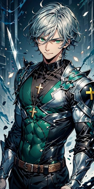 (best quality, masterpiece, illustration, designer, lighting), (extremely detailed 8k CG wallpaper unit), (detailed and expressive green eyes), detailed particles, beautiful lighting, a handsome boy, short and messy black hair (wearing a black mercenary suit with rolled up sleeves, wearing a silver cross necklace, holding a silver sword while resting it on his shoulder) smile, slim and fit physique, (Pixiv anime style), (Wit studios), ( manga style),