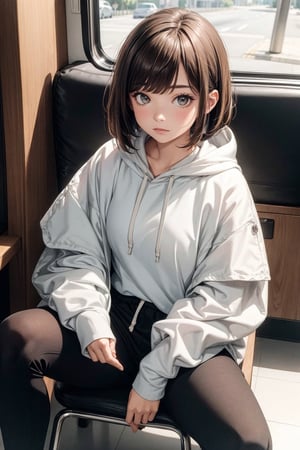 1girl,wearing hoodie,bob_cut,brown hair,sitting 