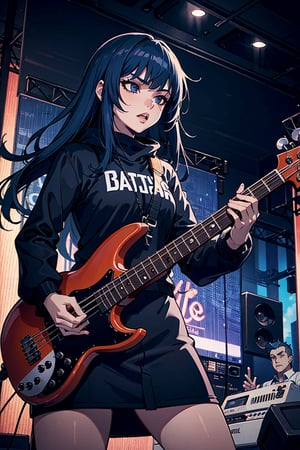 anime coloring,Heavy metal, black leather, heavy music, standing tall, epic bass, girl play electric bass, female bassist of metal, girl playing the bass, electric bass made of metal, female rocker playing a concert, anime style,blue hair,best
quality,masterpoece,highly detailed,black eyes,long hair