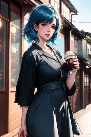 high quality, 8K Ultra HD, high detailed, masterpiece, A digital illustration of anime style, soft anime tones, Detailed illustration of a beautiful woman looking outside while drinking coffee in a coffee shop, pale blue dress, colorful colors, colorful woman, blue hair, blue eye, luminism, three dimensional effect, enhanced beauty, Albert Anker, Kyoto Animation, Greg Rutkowski, Artgerm, WLOP, Alphonse Beeple, luminism, 3d render, octane render, Isometric, by yukisakura, awesome full color,