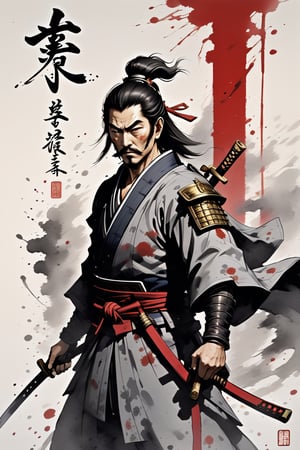 "Oda Nobunaga style, ink splash, swirl of ink, Japanese writing, art at its finest, black, white, and grey, blood."