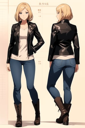 Change character sheet, sketches of arafed female model, leather jacket, jeans, hiking boots, front, side and back view on parchment paper background