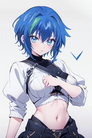 (masterpiece, best quality, high resolution: 1.3), ultra resolution image, (1 girl), (solo), (short boy hair, tomboy: 1.2), blue hair, blue eyes, chest, black harness, navel , black turtleneck sweater, white crop top, bride, looking at viewer, mature body, tempting, leaning forward, very close, head forward, front view, chest forward, top view, head close, dynamic pose, xenovia fourth