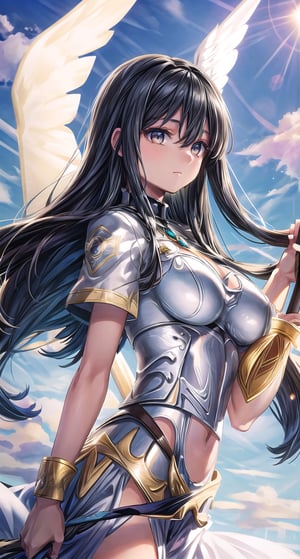 1 beautiful Valkyrie girl, very long delicated platinum hair, bright gold eyes, holding a magical valkyrie sword, big giant angel wings, large breasts, clouds and giant sun in background, detailed, masterpiece quality, close-up, front of view ,fantasy00d, beams light effect, symmetrical, Ortlinde - black-haired one.