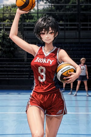 1girl, solo, (tomboy:1.2), running, holding ball,black hair, (very short hair, long sidelocks:1.2),red eyes, looking at viewer,smile, closed mouth,basketball uniform, shorts, shirt, sleeveless,large breasts,outdoors, basketball court, court, Tomboy-3000-12repeats:1, Cham22:1,volley_uniform,1 girl