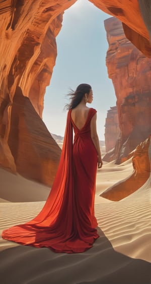 fantasy desert, gaisha, bones road, red dress with orange Gustav Klimt pattern, hyperdetailed painting by Ismail Inceoglu, Huang Guangjian and Dan Witz CGSociety, ZBrush Central, fantasy art, album cover art, 8k, octane render, sf, intricate artwork masterpiece, ominous, matte painting movie poster, golden ratio, trending on cgsociety, intricate, epic, trending on artstation, by artgerm, h. r. giger and beksinski, highly detailed, vibrant, production cinematic character render, ultra high quality model