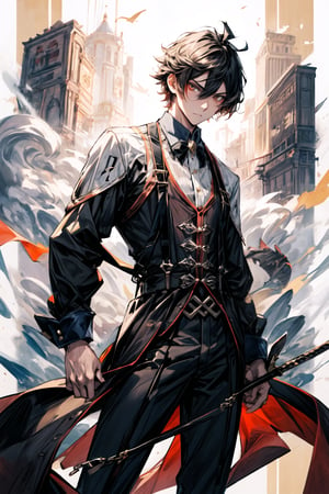 A boy, wearing a tuxedo, holding a western sword in her left hand, suspenders, long legs, sexy, with a cold expression,character \(series\),Zhongli