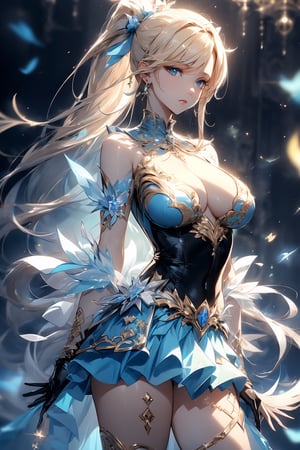 ponytail, shawl, belt,large breast,sim, black leather gloves, white sleeves, transparent mini skirt, white boots, blonde hair, blue eyes,  genshin impact, blowing,  (((masterpiece))),(((best quality))),((ultra-detailed))((extremely detailed CG)),((8k_wallpaper))((an extremely delicate and beautiful)),dynamic angle,floating, (beautiful detailed eyes),an extremely delicate and beautiful girl,1 girl,glitter