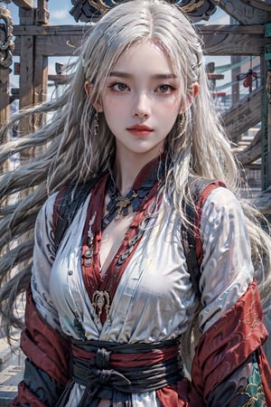 photorealistic, high resolution, soft light,1women, solo, hips up, shining skin, (detailed face), jewelry, white hair, wavy hair, dynamic pose, (chinese talisman on forehead:1.2), JINKUNGFU