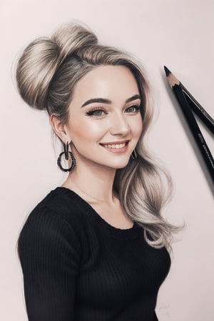 a pretty woman's face,fashion hair, hair covered her face, earrings, Influencer Ribbed Knit Joggers, 1 woman, blonde long hair, hair in a bun, (Smile),beautiful eyelashes, beautiful face,pencil sketch,full-body_portrait