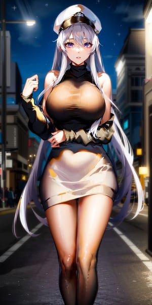 masterpiece, best quality, highres, aaenter, long hair, hat, white headwear, large breasts, enterprise_v1:0.7, sweater dress, ribbed sweater, turtleneck, sleeveless, night, street, standing