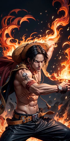 Create the iconic One Piece character, Portgas D. Ace:

"Visualize the legendary Portgas D. Ace, a prominent character from the One Piece anime. He possesses a lithe and muscular physique, reflecting his formidable strength.

Ace is clad in his signature attire, wearing a stylish hat that adds to his iconic appearance. His defining ability is his mastery over fire, and his hands should be ablaze with flickering flames, showcasing his power to manipulate fire at will.

Set him against a background of raging fire, with flames dancing in the backdrop, creating an inferno-like atmosphere. The flames should emphasize his fiery abilities and his unwavering resolve.

Capture this image to pay homage to Portgas D. Ace's character, showcasing his powerful presence and his association with the element of fire, a central theme in his story arc within the One Piece series." ((Perfect face)), ((perfect hands)), ((perfect body)), [perfect image of Portgas D. Ace(one piece anime character)]