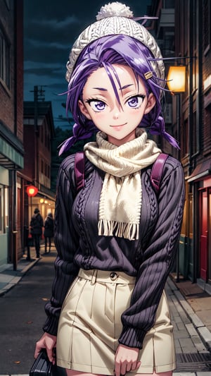 Beautiful realistic anime girl 18 years old, light smile, 8k masterpiece, ultra-realistic, UHD, highly detailed, best quality, natural breasts, beautiful body, light smile, Unreal Engine 5, beautiful light, cute girl, in warm clothes, knitted hat, scarf, long purple hair, purple eyes, night, street, lantern, lantern light, it's dark, park, bench, autumn, 1 girl, kominami asumi