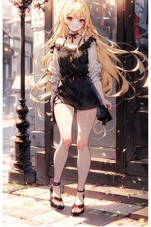 1 girl, blonde hair, long hair, red eyes, smile,  fullbody, casual clothes, black lock of hair