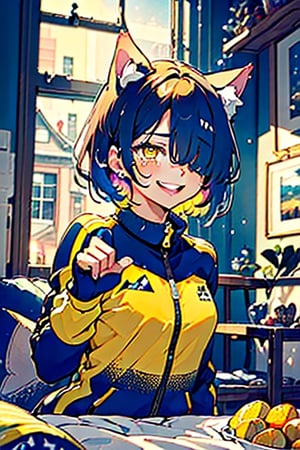 (masterpiece, top quality, best quality, beautiful and aesthetic:1.2), (1girl:1.3), original,, starry print hair, very short hair, hair over one eye, yellow eyes, muscular female, tracksuit, small breasts, tearing up, animal ears, cat ears, upper body, hakodate, indoors, (dynamic pose:1.2), laughing
