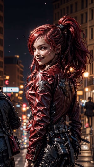 (4k), (masterpiece), (best quality),(extremely intricate), (realistic), (sharp focus), (award winning), (cinematic lighting), (extremely detailed), (epic), 

1girl, long hair, ponytail hair, red hair, honey eyes, cute smile, cute eyes, huge smile, very happy, 

open crimson red leather jacket,

City at night,fairy tail