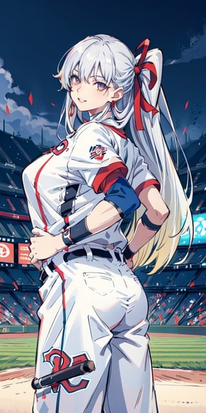 1girl,solo, looking at viewer, baseball pitch background, long silver hair , parted lips, light smile, dark eyes, baseball jersey, red ribbon on hair, hands behind back, posing, tomoe gozen (fate) 