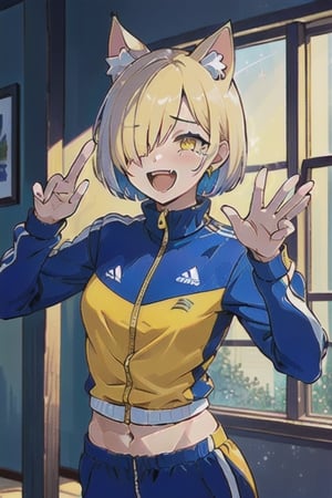 (masterpiece, top quality, best quality, beautiful and aesthetic:1.2), (1girl:1.3), original,, starry print hair, very short hair, hair over one eye, yellow eyes, muscular female, tracksuit, small breasts, tearing up, animal ears, cat ears, upper body, hakodate, indoors, (dynamic pose:1.2), laughing
